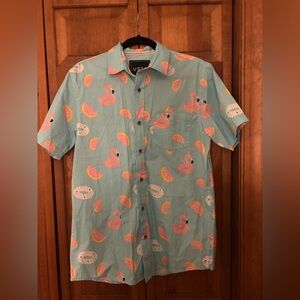 VSTR Men's Sz S Summery Cotton Blue Flamingo Patterned Shortsleeve Button Down